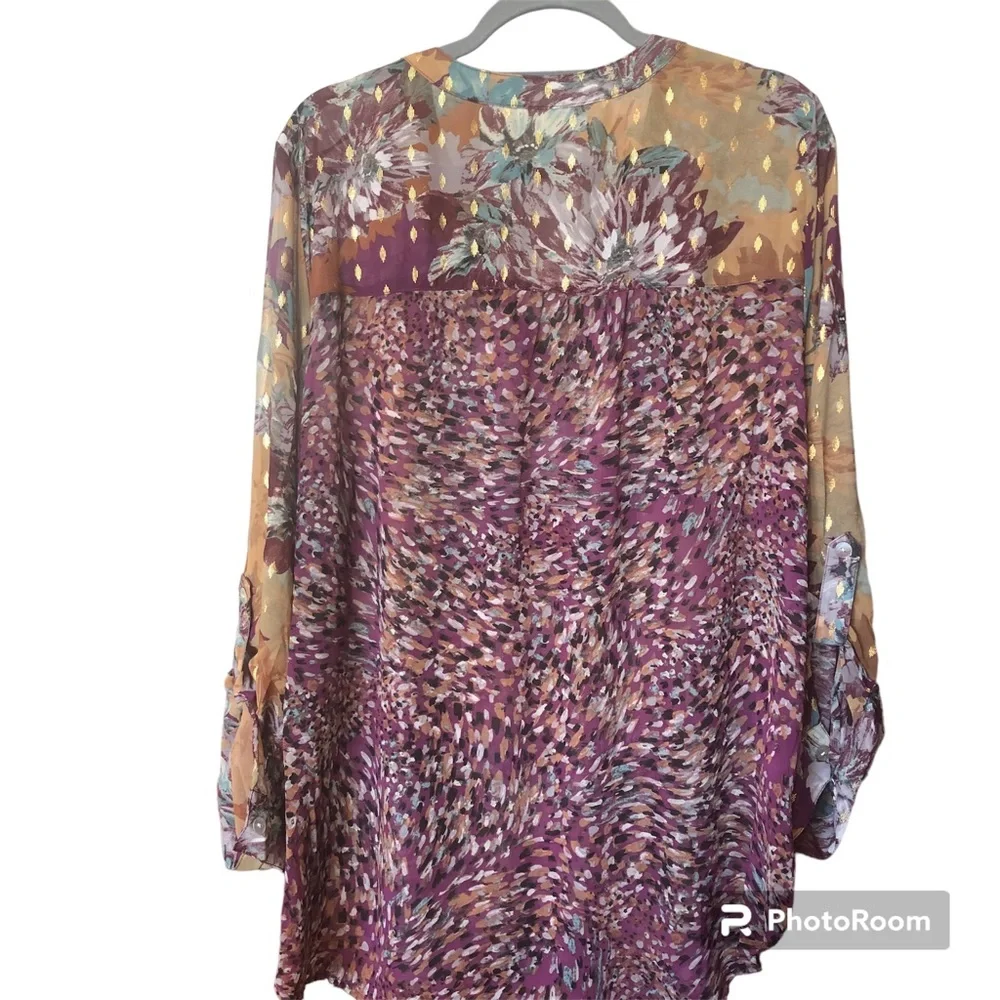 Anthropologie Fig & Flower Mixed Media Floral Button Front Semi Sheer Boho Plus - Picture 5 of 16